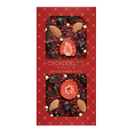 Чокоделика Миндаль, смородина, малина 100 г. Шоколад темный с украшением в блистере
