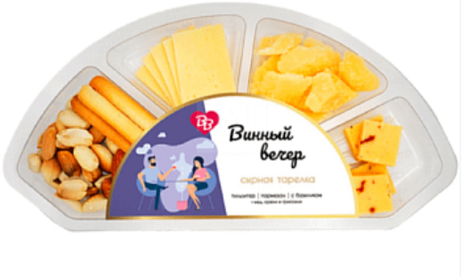 Сырная тарелка Винный вечер (сыр тильзитер 45%, сыр пармезан, сыр с томатом и базиликом, мед, орехи, хлебные палочки, шпажка) 115 г. 