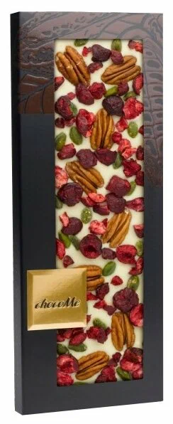 ШОКОМИ Белый шоколад с орехом пекан, кусочками вишни, ягодами малины и фисташки Бронте 110г