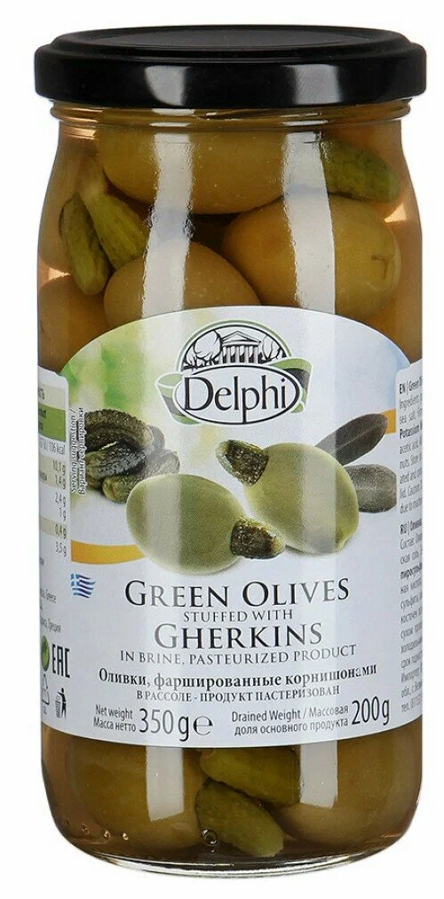 Оливки фаршированные корнишонами в рассоле 350 г. Delphi 