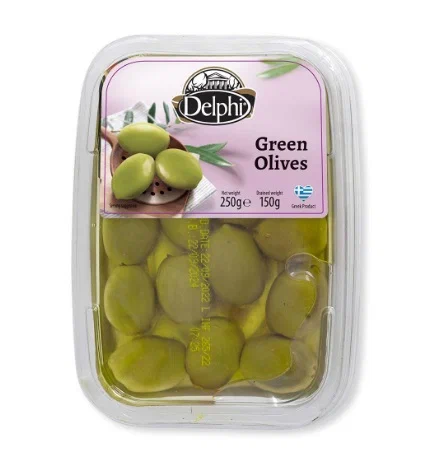 Оливки зелёные с косточкой в рассоле Delphi 250 г. полимерный лоток