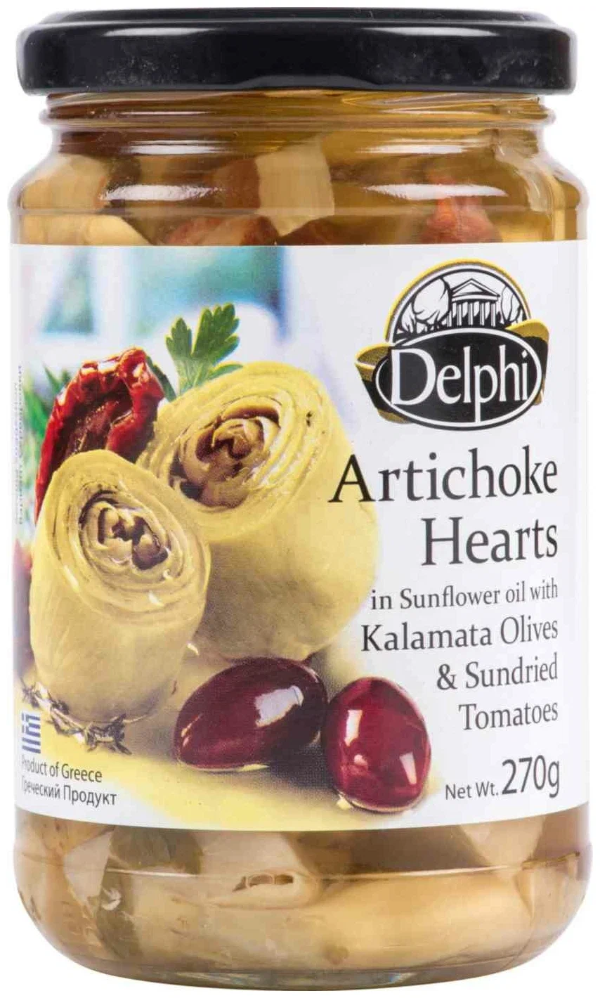 Артишоки в подсолнечном масле с сушеными томатами и маслинами Каламата 270г ст/б