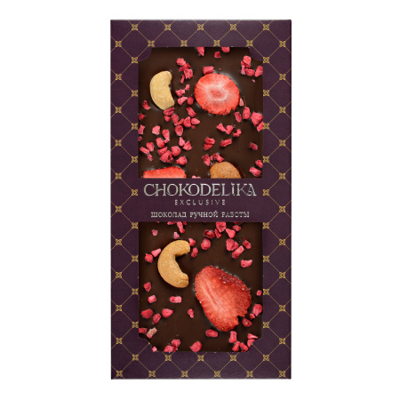 Чокоделика Кешью, малина, клубника SUGAR FREE 80 г. Шоколад горький