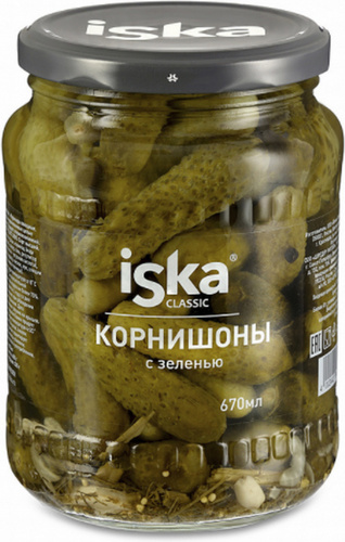 Корнишоны маринованные с зеленью 3-6см ISKA 1/12 670мл 