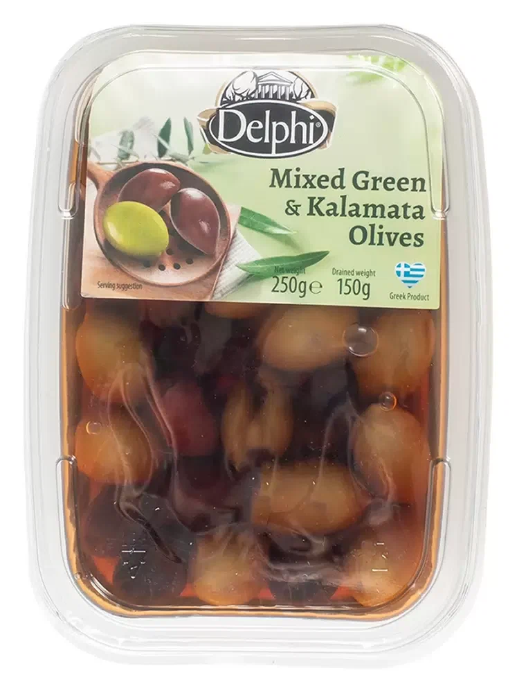 Оливки зелёные и каламата с косточкой в рассоле Delphi 250 г. полимерный лоток