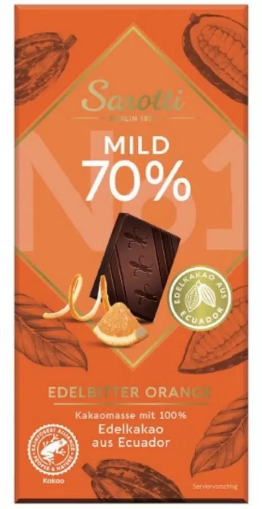 Шоколад горький 70% какао Mild Dark Orange с цедрой апельсина Sarotti 100 г