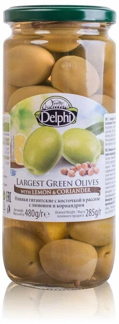 Оливки гигантские с косточкой маринованные с лимоном и кориандром DELPHI  480 г.