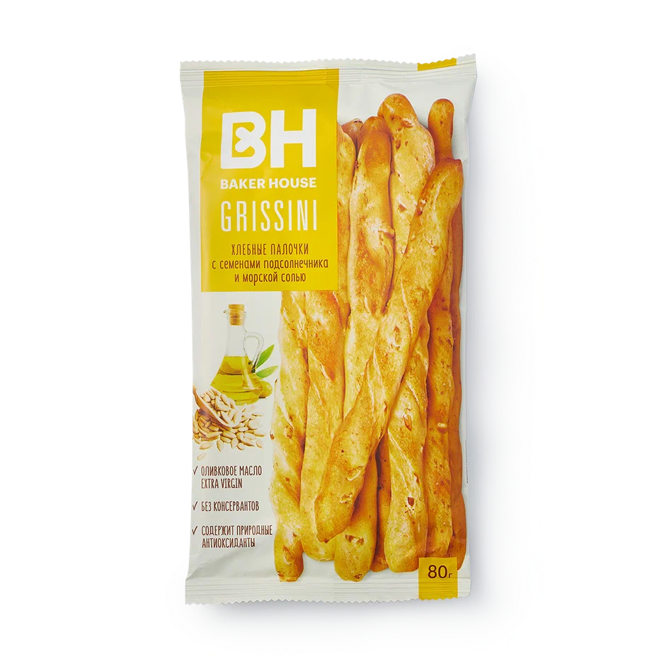 Хлебные палочки GRISSINI с семенами подсолнечника и морской солью 80 г.