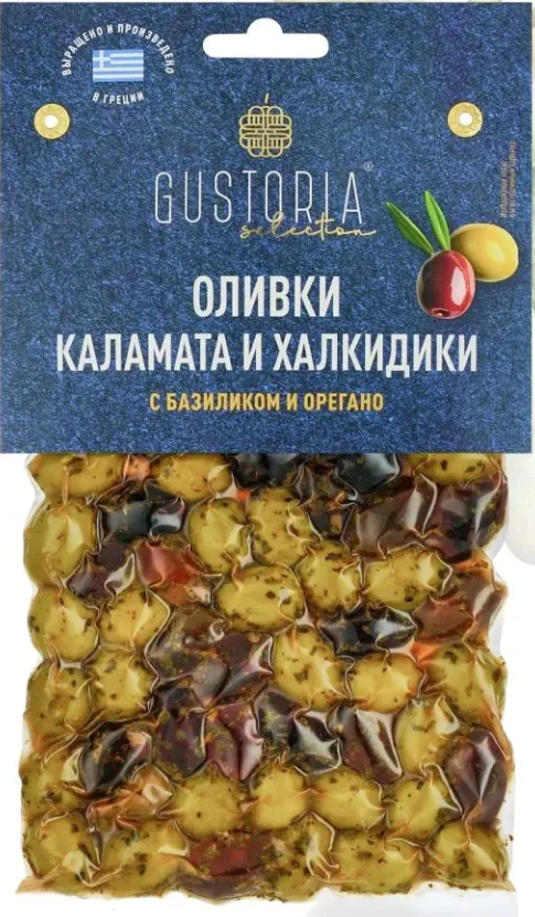 Оливки микс каламата и халкидики с базиликом и орегано Gustoria 200 г