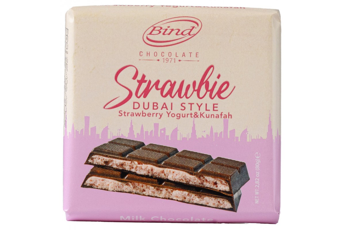 Байнд шоколад молочный с клубничным йогуртовым кремом и начинкой кадайф 80 г.