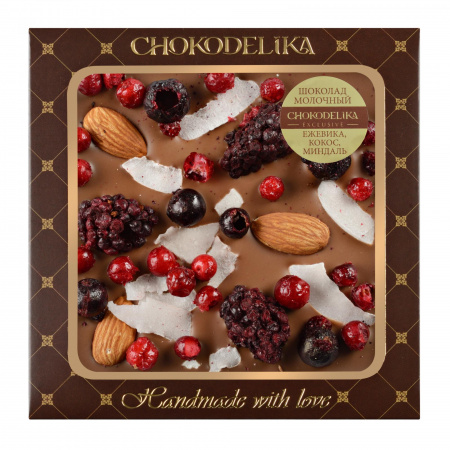 Чокоделика Ежевика, кокос, миндаль 75 г. Шоколад молочный с украшением