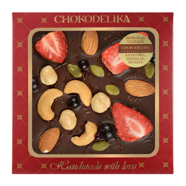 Чокоделика Клубника, миндаль, фундук 75 г. Шоколад темный с украшением