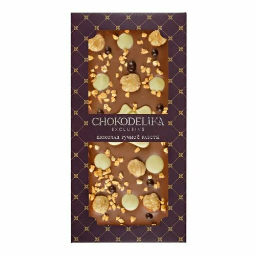 Чокоделика Фундук, крокант, карамель 100 г. Шоколад молочный с украшением